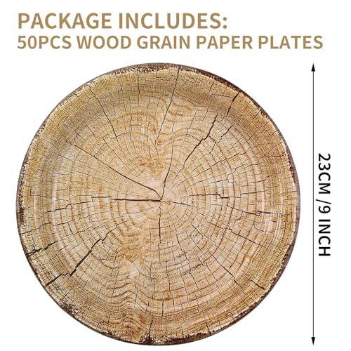 Wood Grain Party Plates 50 Pieces, 9" Rustic Wood Effect Paper Plates, for Woodland Theme Party Table Decorations