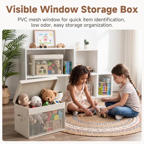 Image of StorageWorks Fabric Storage Bins with Lids, Large Closet Storage Bins | Flip-Top Lid, Clear Window, Handles, Collapsible, for Clothes Blankets Books, Closet Box, Khaki and Beige Stripes, 2-Pack