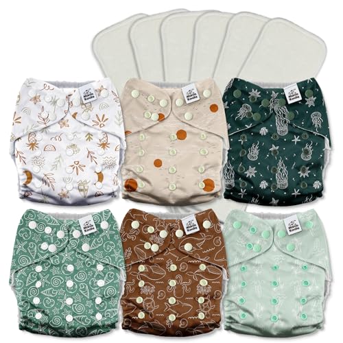 Image of Mama Koala 3.0 Cloth Diapers for Babies with AWJ Lining, 6 Pack with 6 5-Layer Natural Cloth Diaper Inserts - Reusable and Washable Pocket Diapers(A-Seashore)