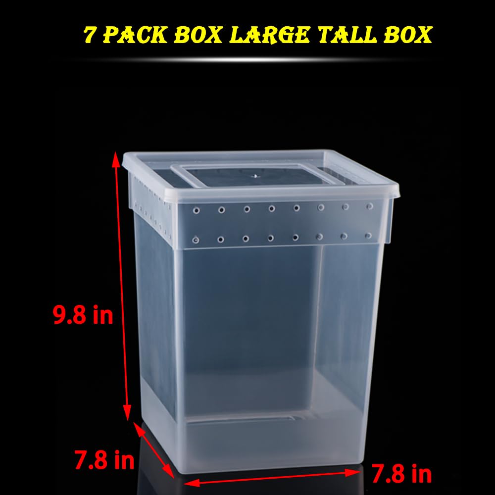 Paquete de 7 cajas de alimentación de reptiles de gran tamaño Gecko de plástico transparente para serpiente, árbol, rana, dragón barbudo, lagarto, araña, mantis rezando (7.8 x 7.8 x 9.8 pulgadas)