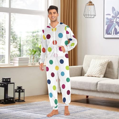 Polka Dot Colored Onesie Adult One Piece Pajamas for Zipper Hooded with Pockets S-XL4