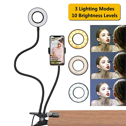 DIWUJI LED Selfie Ringlicht mit Handyhalter, 2 in 1 Webcam Licht Ringleuchte Halterung für Live Stream Make up, 3 Leuchtmodi & 10 Helligkeitsstufen Faule Lange Arme Handy Clip Halter