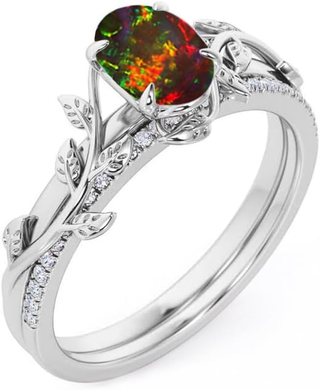 Opal Rings for Women Personalized Silver 10K 14K 18K Gold Opal Engagement Wedding Ring Bridal Set Custom Name Oval Opal Diamonds Ring 1-5 Carats
