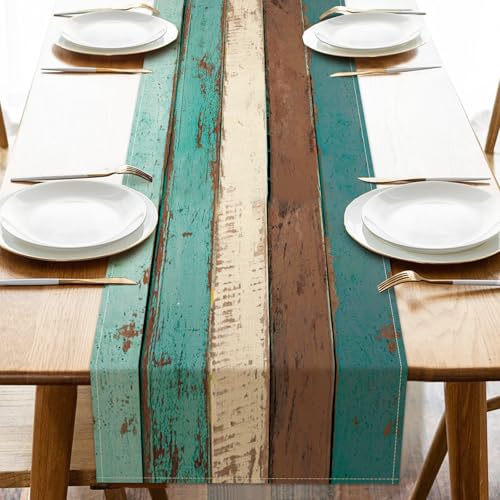 Croar Vintage Farmhouse Wood Texture Dining Table Runner, Retro Rustic Teal Brown Wooden Grain Burlap Kitchen Decoration, Pastoral Country Barn Indoor Outdoor Home Decor Party Supply 13 x 72 Inches