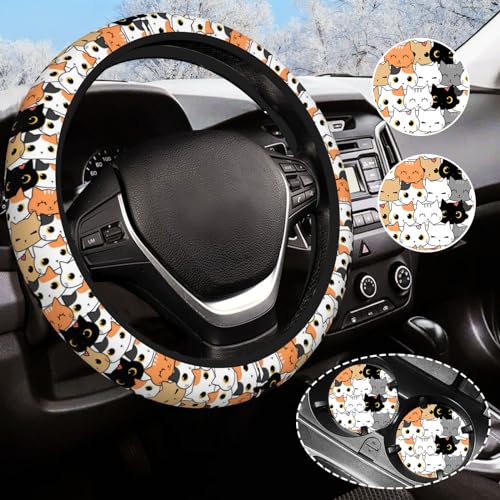 Cat-Steering-Wheel-Cover-for-Women-Men-with-2-Pcs-Car-Coasters-Universal-145-15-Inch-Cute-Steering-Wheel-Covers-Non-Slip-Car-Accessories-for-Girls