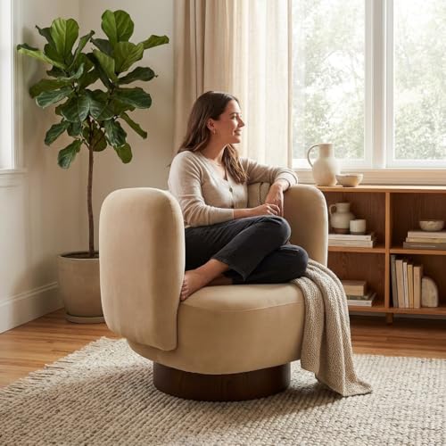 Image of Kingsman Furnitures Nova Swivel Accent Arm Chair for Home | Bedroom, Living, Dining & Drawing Room | Ultra Soft and Comfortable (Soft Caramel Brown Velvet)