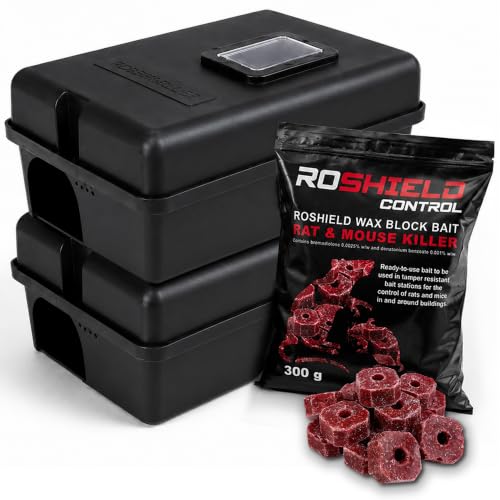 Roshield External Tamper Proof Rodent Bait Box & Wax Block Rat Poison Kit - Garden & Home Treatment Killer Safety Kit (2 Boxes & 300g Blocks)