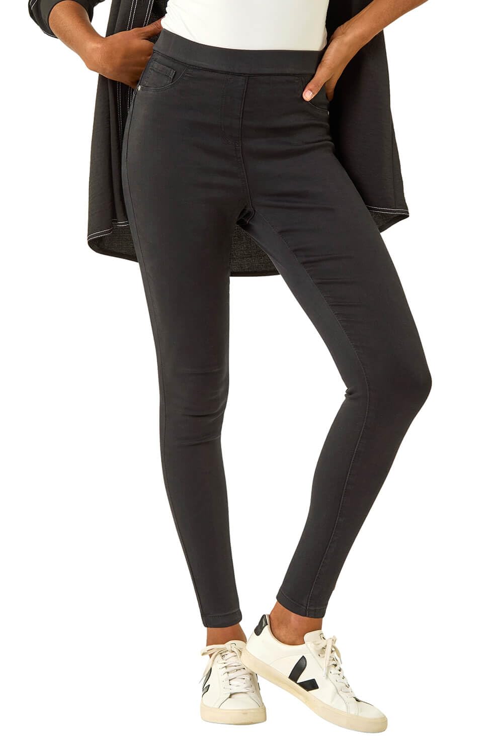 Roman Originals Women's Premium Jet Black Jeggings For Uk Jean Stretchy Trousers Denim Leggings High Waist Rise Pull On Skinny Straight Leg Cotton Pants Smart Casual - Size 20