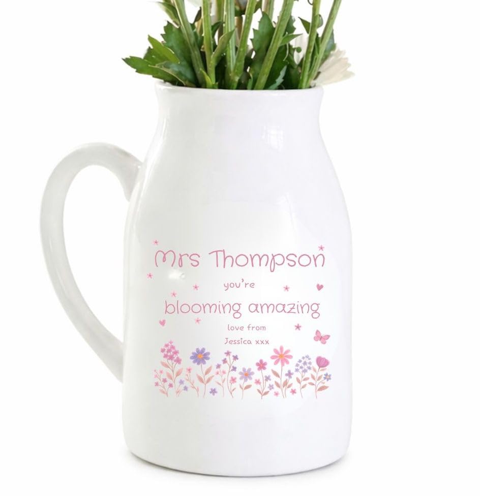 UNIQUEPGIFTS Personalised Teacher Gift Vase – Thank You Teacher Present, End of Year Gift, Teaching Assistant Floral Flower Jug, 12.5cm