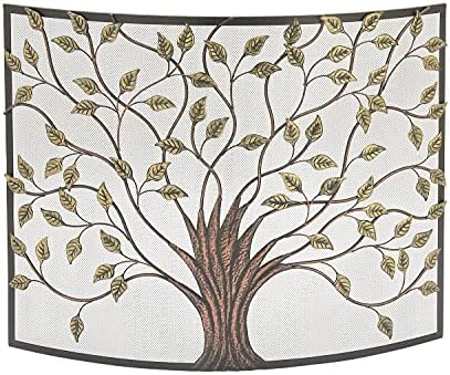 Deco 79 Metal Tree Sculpted Tree Relief Single Panel Fireplace Screen with Curved Mesh Netting, 39" x 7" x 33", Bronze