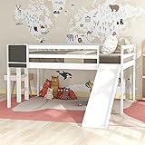 Full Size Loft Bed with Slide, Solid Wood Low Loft Bed with Chalkboard for Kids Girls Boys (White)