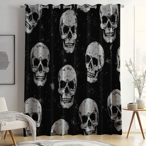 Cortinas Opacas con Aislamiento térmico, Estilo De Terror Cortinas con Calavera Negra Estampadas, 70 x 160 cm (2 Paneles) para Dormitorio Salon Habitacion Cortinas de Casa con Ojales