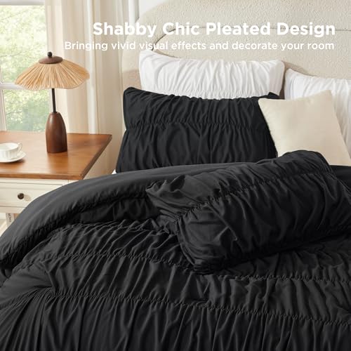 Image of Andency Ruched Black Twin Size Comforter Sets, Shabby Chic Pleated Bedding Sets 2 Pieces, Lightweight Soft Boho Ruffle Bed Set for Girls, Kids, Women, All Season
