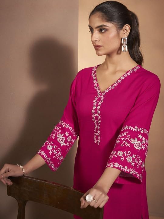 Image of MAHIRA'S Comfort Women's Short Kurti, Rayon Tunic Top with 3 /4 Embroidered Designer Sleeves | Soft Breathable Fabric | Office & Casual Kurti for Jeans, Leggings & Trousers