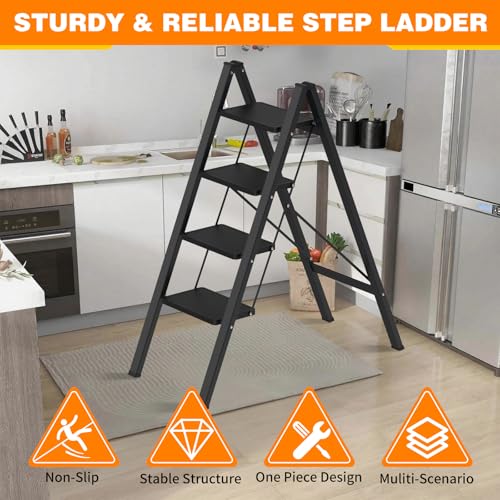 Image of 4 Step Ladder Folding Step Stool, Stable Step Ladder with Wide Pedals & Non-Slip Rubber Feet, Portable & Space Saving Step Ladder for Kitchen /Closet /Adults(16.9 inch W x 39.6 inch H, 350LBs Loading)