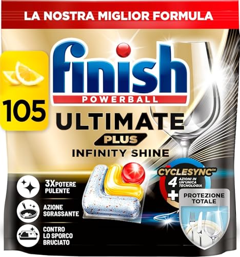 Finish Ultimate PLUS Infinity Shine Pastiglie Lavastoviglie al Limone, 105 Capsule con Scudo Protettivo contro lo Sporco e i Residui Incrostati