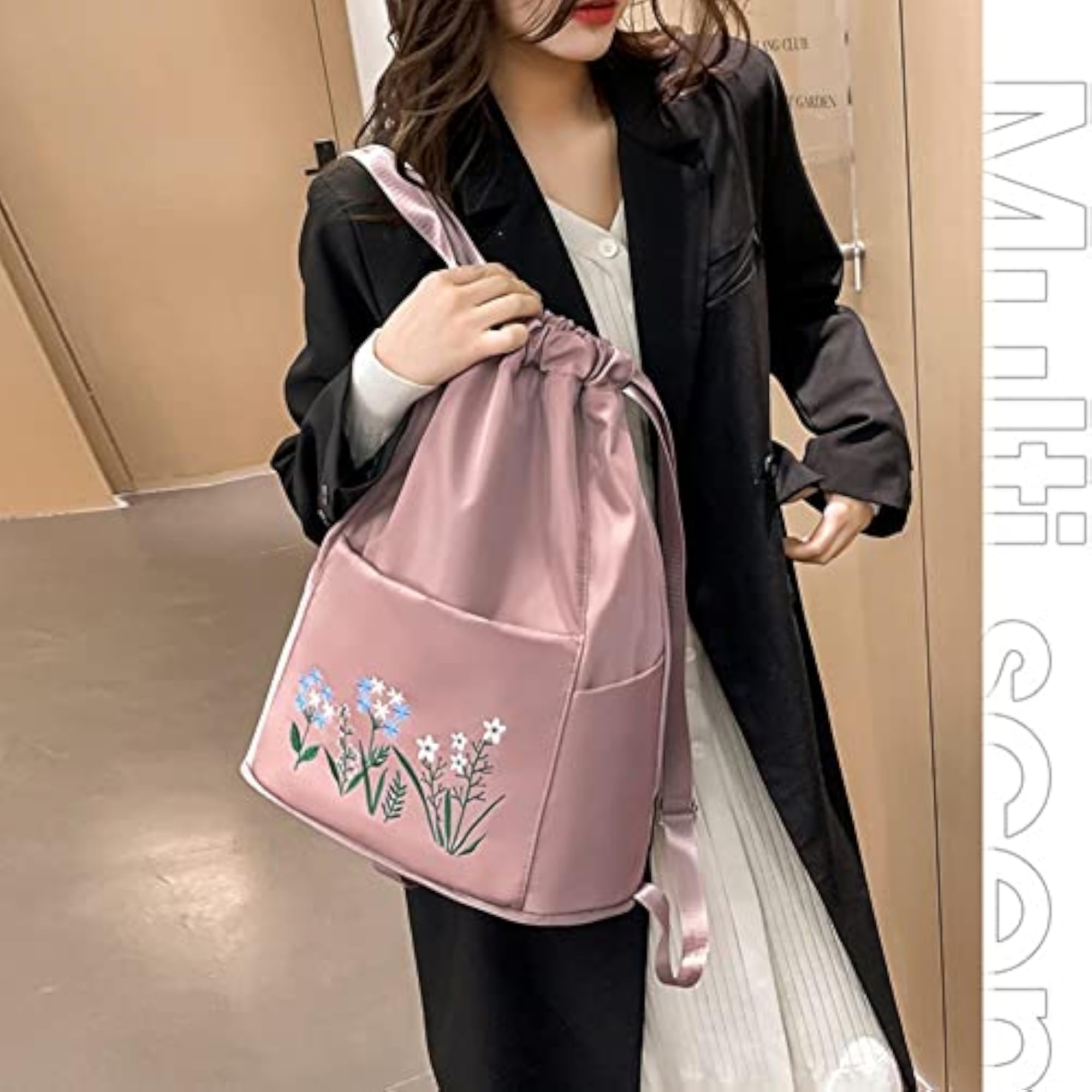Waterproof Flower Print Travel Drawstring Bag