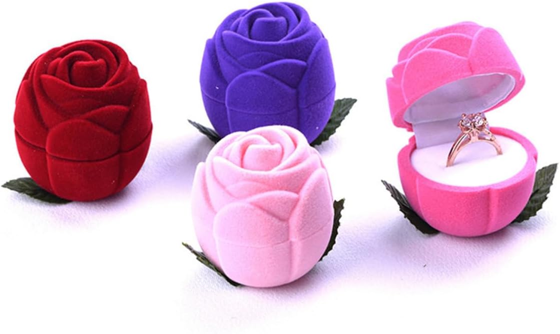 YARNOW 4pcs Delicate Rose Shape Jewelry Box Ring Case Flannel Material Compact Lightweight Storage Holder for Wedding and Engagement Rings Gift Packaging image 5
