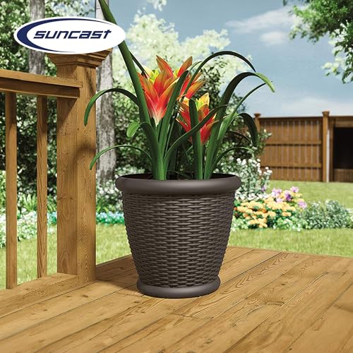 Suncast 4 Pack Wicker Planter w/ Drillable Drain Holes, Decorative Indoor/Outdoor Pot, 18in, Java - image 4