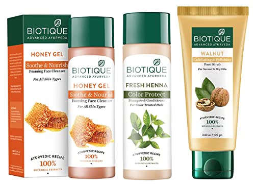 Biotique Honey Gel Face Cleanserl&Biotique Walnut Exfoliating & Polishing Face Scrub &Biotique Fresh Henna Color Protect Shampoo & Conditioner For Color Treated Hair, 190