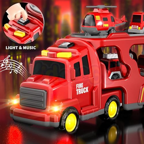 Image of 5-in-1 Friction-Powered Fire Truck Toy Set with Music - Montessori Educational Transport Carrier Vehicle Toy for Boys & Girls, Fun Birthday Gift for Kids Ages 3+