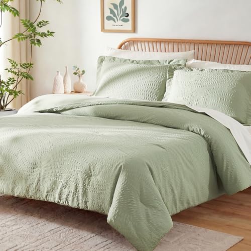 Image of King Size Comforter Set- 7 Pieces Sage Green Bed in a Bag King Bedding Sets | All Season Soft Botanical Textured Comforter Bed set with Sheets, Pillowcases & Shams