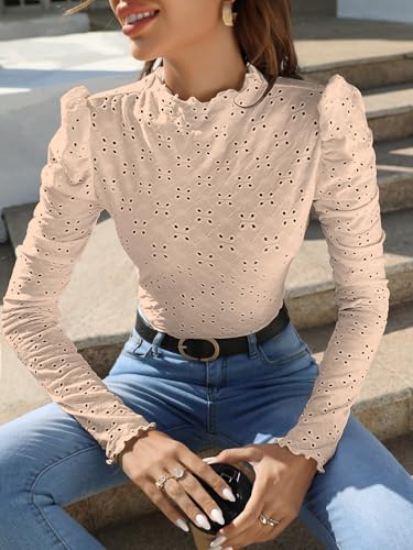 Image of Sugathari Girl's & Women's Spring /Summer Slim Fit High Neck T-Shirt with Stand Collar, Cap Sleeves and Eyelet Embroidery Frill Trim Tee Textured Sheer Fabric (T-Shirts 194 $P)