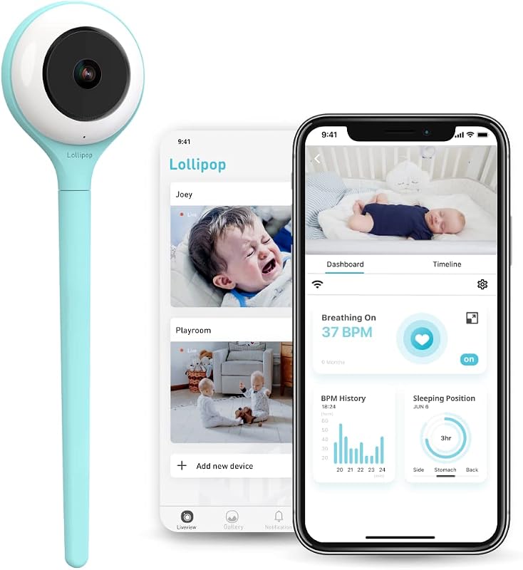 Lollipop Baby Monitor (turquesa): cámara Wi-Fi inteligente con todas las funciones y detección de llanto real con plan adicional de monitoreo de la respiración/seguimiento del sueño en la aplicación; accesorios gratuitos/período de prueba de 7 días