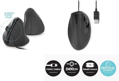 Urban Factory Souris Ergonomique Filaire Droitier – Design Vertical Prévention Epicondylite, 800 à 2400 DPI Réglable, Cable en Tissu Résistant 1.5m, 3 Boutons, Capteur Optique Ultra Performant Pixart