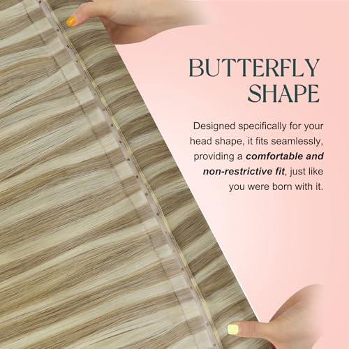 Image of Easyouth 24 Inch 100g Butterfly Weft Hair Extensions Blonde, Real Human Hair Butterfly Weft Extensions Highlight, Golden Blonde Mix Medium Blonde, Long Straight Hair, Breathable Hole Wefts Extension