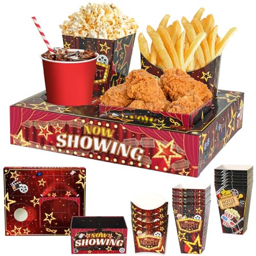 KiDEPOCH Movie Night Snack Trays Boxes with Disposable Paper Food Trays Popcorn French Fry Candy Food Drink Holder for Cinema Movie Birthday Party