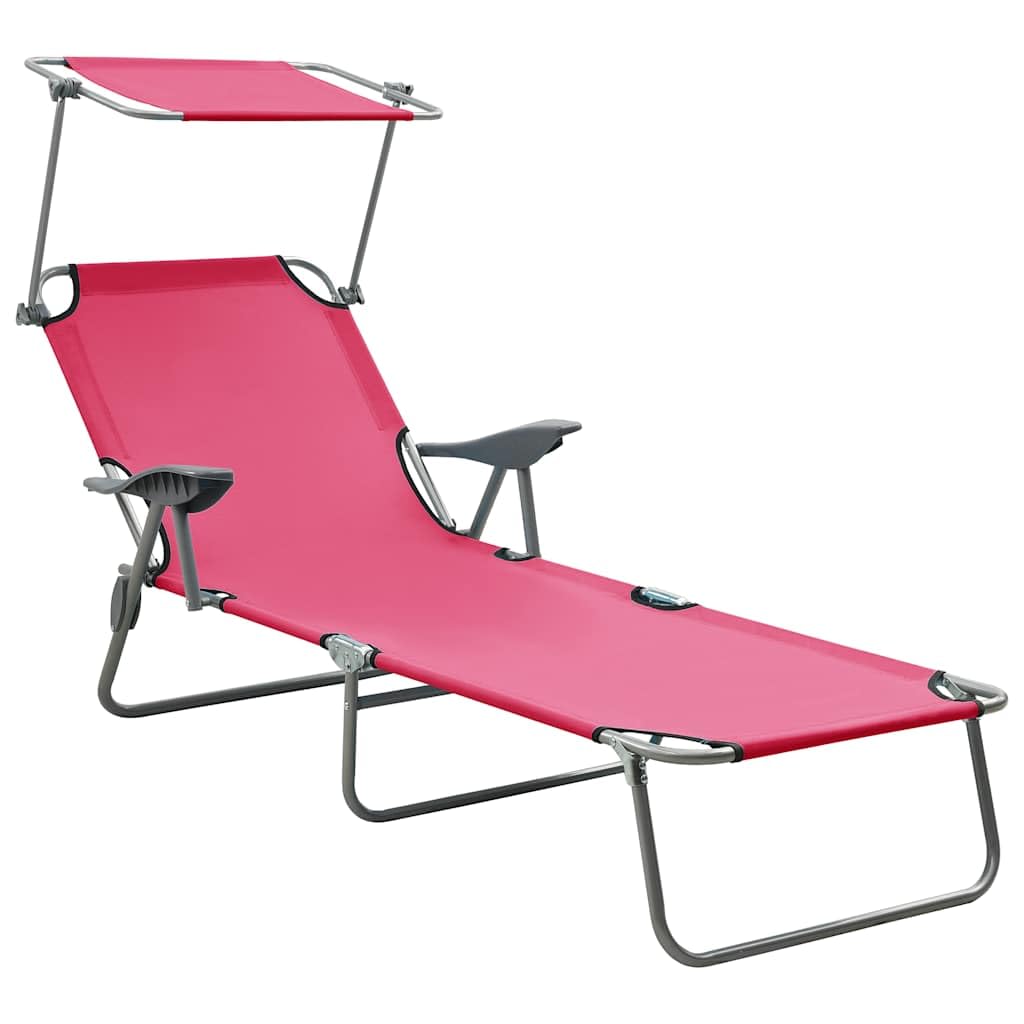Sonnenliege mit Dach klappbar, Gartenliege mit verstellbarem Sonnendach und Rückenlehne, Strandliege aus Stahl für Garten und Camping, Belastbar bis 120 kg, Rosa