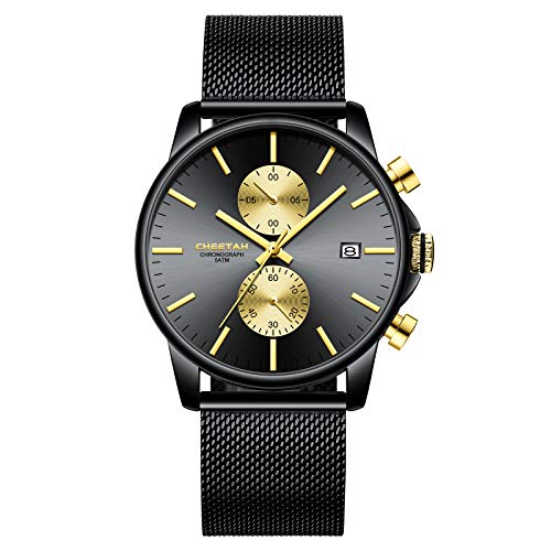 Affute Montres pour Homme Mode Sport Quartz Analogique Noir Maille Acier Inoxydable Étanche Chronographe Montre-Bracelet Auto Date en - Or Noir