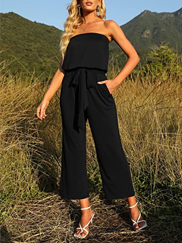Zesica Women's 2023 Casual Off Shoulder Solid Color Strapless Belted Wide Leg Jumpsuit Romper,Black,Medium #TOP7