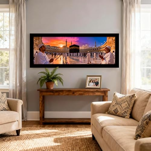 Image of PAINTINGMANTRA Makka Madina Kaaba Islamic Arabic Wall Art Framed Luxury Paintings for Home Decoration, Living room, Bedroom and Office Decoration (99x38 CM)