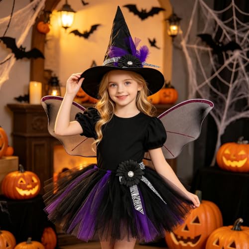 GAHIEDIM Halloween Costumes For Girls Witch Costume For Girls Halloween Toddlers Cute Dresses With Headwear And Wings Black 02 Large - image 4