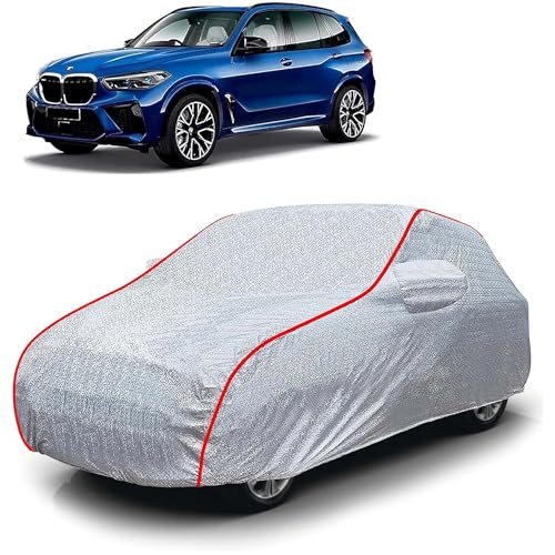 Image of Sulfar 100% Waterproof Car Body Cover Compatible with Mirror for BMW X5M (Triple Stitched, Full Bottom Elastic, Magic Silver with Red Piping)