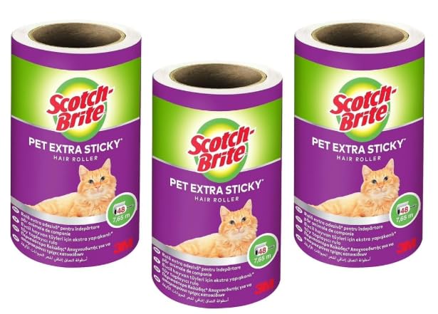 Scotch-Brite Pet Extra Sticky Hair Roller Refill, 3 Rolls x 48 Easy Tear Sheets (144 Sheets in Total) - Designed for Pet Hair, Safe on Fabrics, White