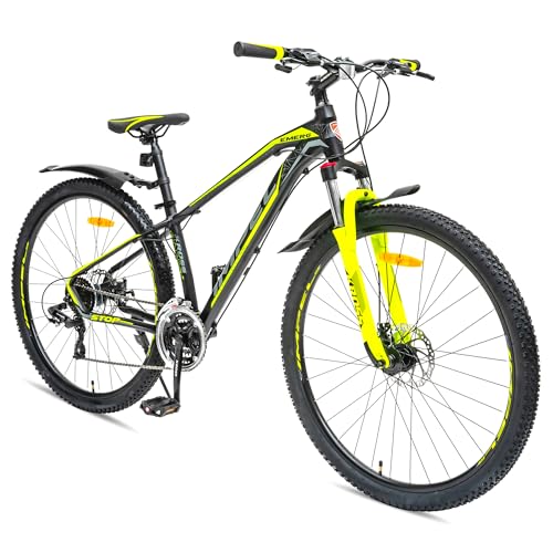 Image of KROSS Emerg 29T Unisex Matt Black Multispeed (Shimano 24-Speed) MTB | Alloy Frame with Dual Disc Brakes and Front Suspension Fork | Ideal for 15+ Years (Yellow)
