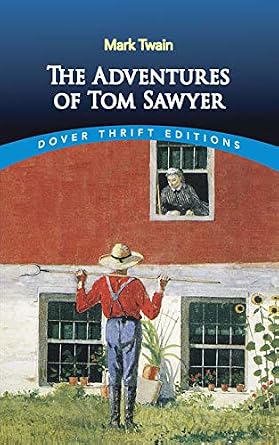 The Adventures of Tom Sawyer featuring Tom outside a house, carrying a spade on his shoulders and talking to a woman leaning out the window,