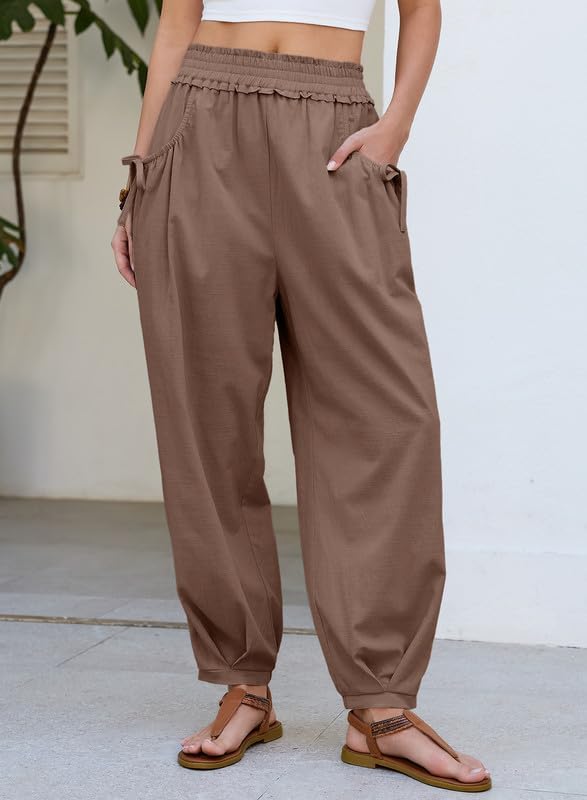 Dokotoo Women Linen Wide Leg Pants Casual Elastic Waist Lounge Palazzo Harem Pants with Pockets - Image 3
