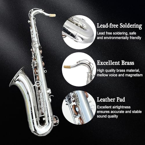 Image of Tenor Saxophone B flat, Silver Lacquer with Carrying Case,Mouthpiece,Reeds,Cleaning Kit,Tenor Sax for Beginners, Students and Musicians
