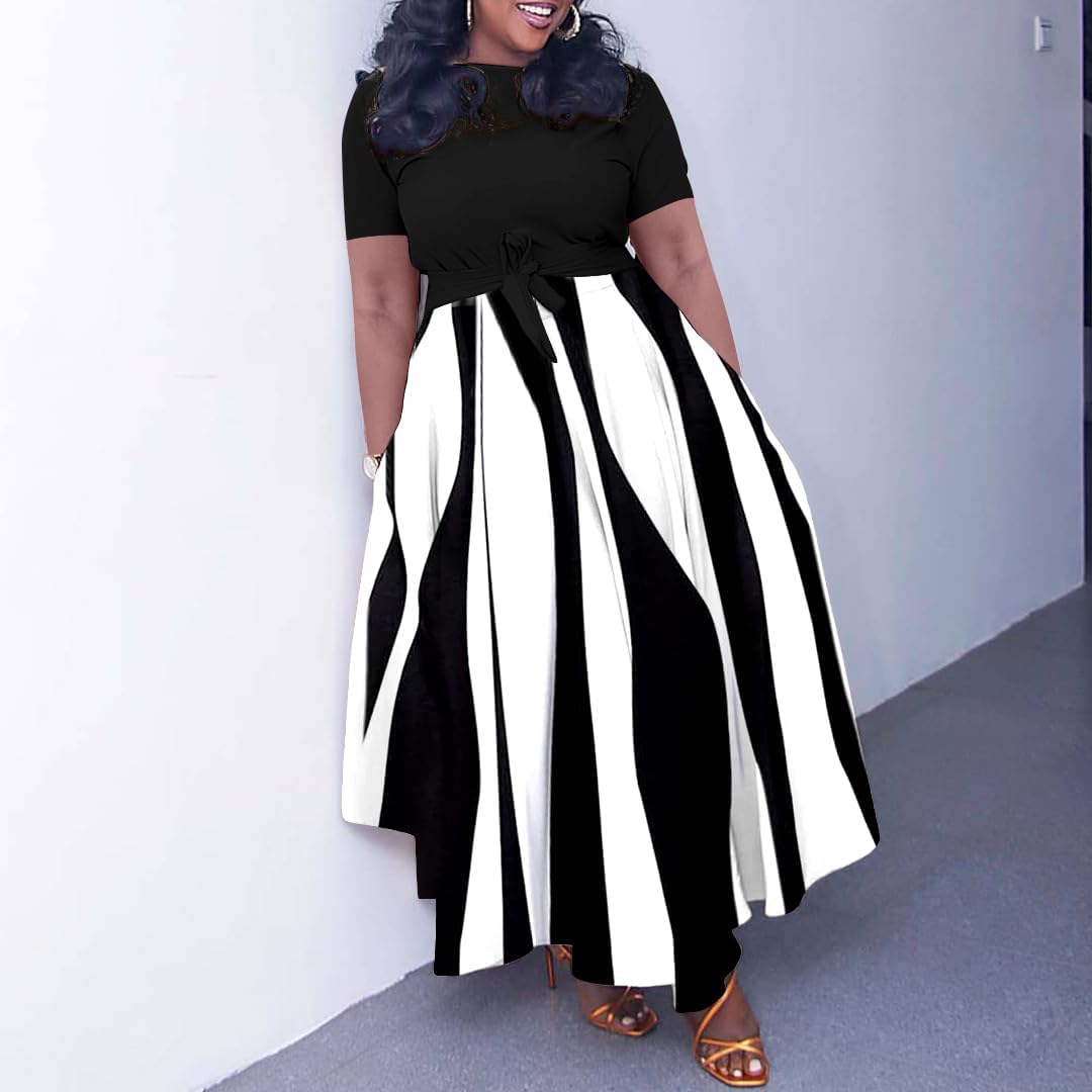 BFFBABY Plus Size Dress A Line Dresses for Women Summer Long Dresses with Sleeve Casual Belted