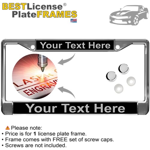 Image of Custom Personalized Chrome-Plated Metal Laser Engraved Standard Size - Car /Automobile License Plate Frame with Free caps - Black /Gray Text (Qty: 1 Frame)