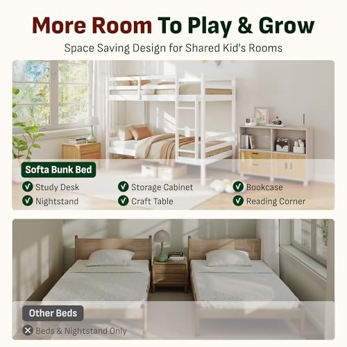 Image of Softa Twin Over Twin Bunk Bed for Kids, Solid Wood Bunk Bed Frame, 13 inch High Guardrails and Ladder, 400 lbs Weight Capacity, 11.9 inch Under-Bed Storage, No Box Spring Needed