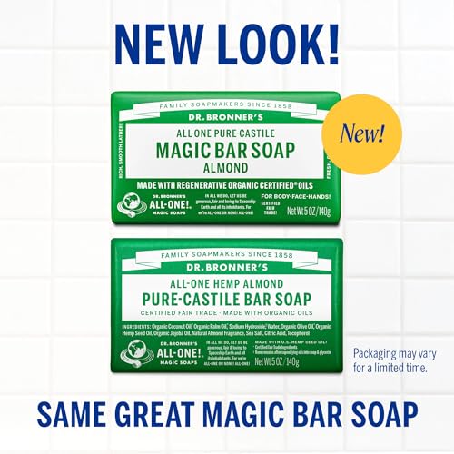Dr. Bronner's - Pure-Castile Magic Bar Soap (Almond, 5 oz, 6-Pack) - Made with Regenerative Organic Certified Oils- For Face, Body & Hair, Gentle, Vegan Bath Soaps for Men & Women, Non-GMO - Image 3
