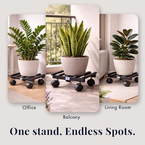 Image of UTKARSH Metal Plant Stand with Wheels - Pack of 2 | Heavy Duty Pot Holder for Home, Balcony & Garden | Square Metal Flower Pot Trolley for Indoor Outdoor Use | Black