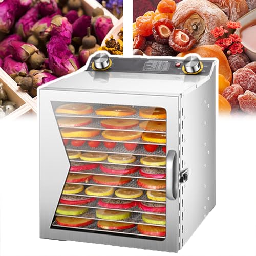 Deshidratador de alimentos de acero inoxidable (400 W), liofilizador, temporización: 0-12 horas + temperatura: 35-90 °C, separación entre capas: 2,5 cm + ventilador integrado, para fruta, 12 capas