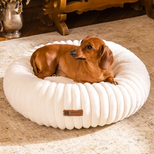 MEWOOFUN Hundebett Mittelgroße Hunde Waschbares, Donut Hundebett mit Rutschfester Unterseite, Hundebetten Großes Katzenbett Flauschig Beruhigendes Anti-Angst, weiß 64x64cm