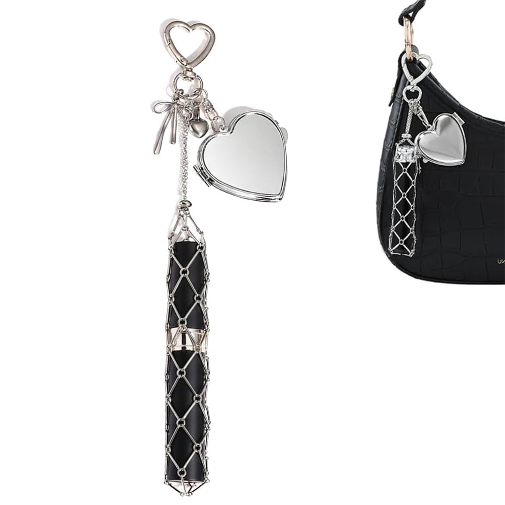 Image of Lipstick Holder Keychain,with Mirror Set with Heart Shape Clasp and Metal Mesh Pouch for Bag Charm Decoration, Portable Cosmetic Case for Women and Girls